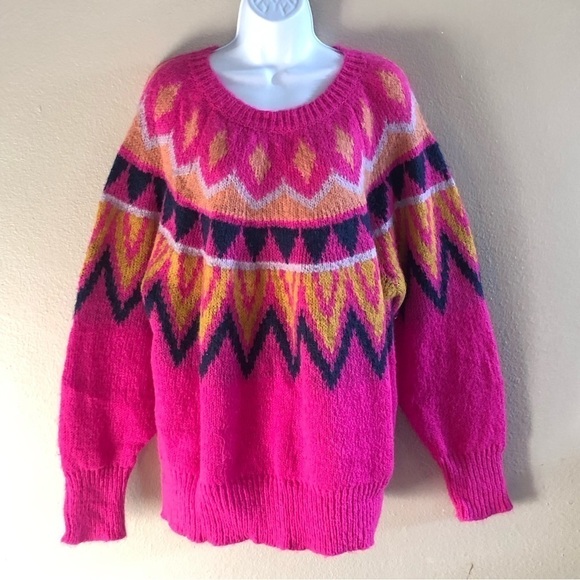 A New Day Barbiecore Fair Isle Crew Neck Fuzzy Pullover Sweater Knit Plus Sz 2XL - Picture 1 of 12